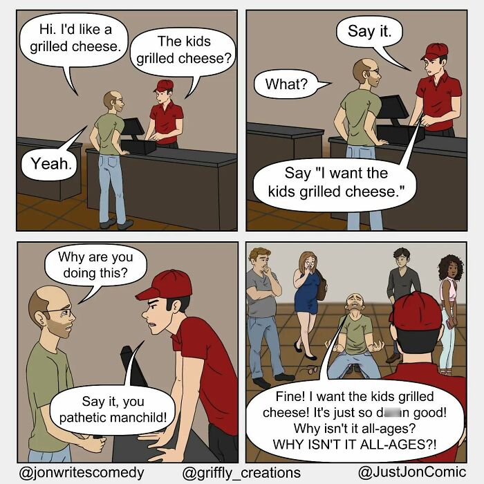 Minimalist funny comic by Just Jon showing a customer and cashier humorously arguing about a grilled cheese order.