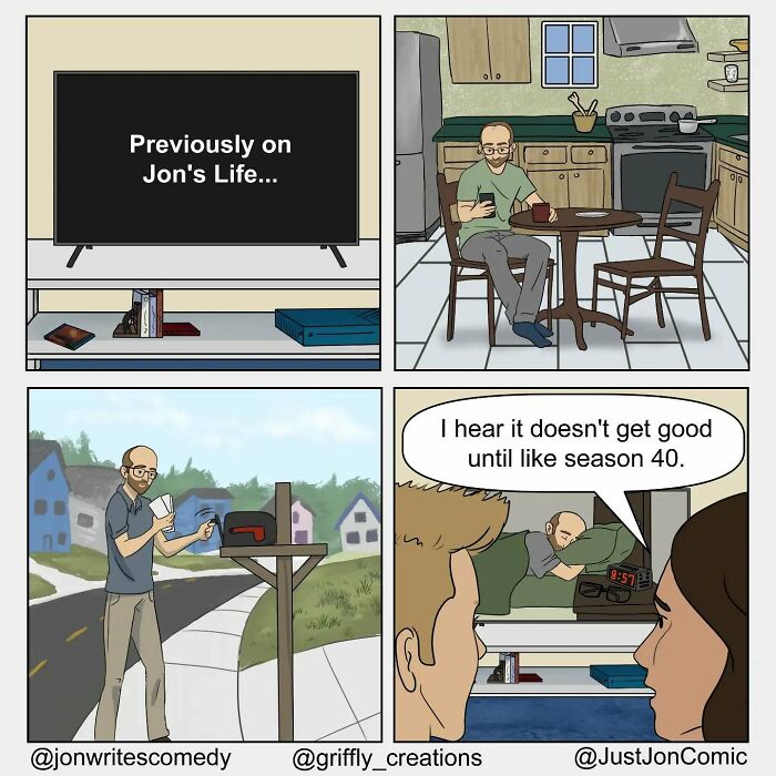 Minimalist funny comic panels showing everyday life moments and humor in Jon's daily routine and interactions.