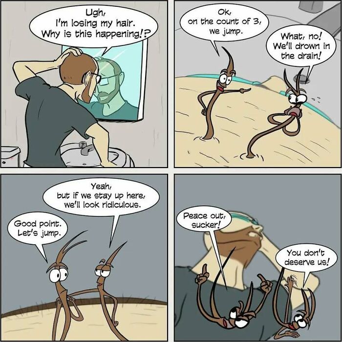 Minimalist funny comic showing hair strands debating jumping off a scalp, capturing everyday misfires humorously.