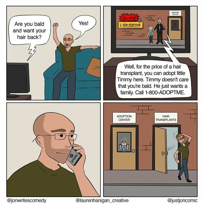 Minimalist funny comic shows a bald man choosing between hair transplants and adopting a child for everyday humor.