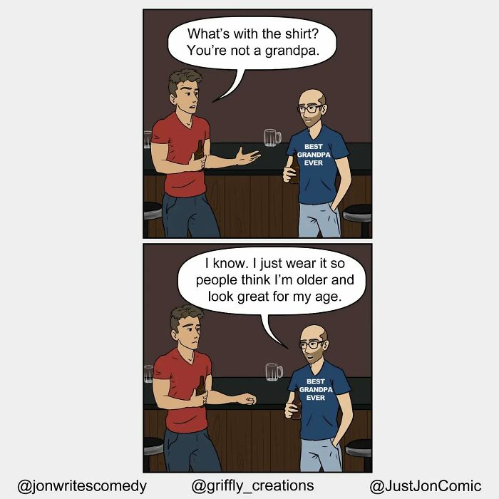 Two men in a minimalist funny comic, one wearing a "Best Grandpa Ever" shirt, capturing everyday misfires humor.