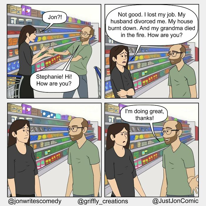 Minimalist funny comic by Just Jon showing awkward everyday misfires in a grocery store conversation between two people.