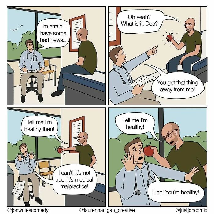 Minimalist funny comics showing a humorous doctor-patient scene capturing everyday misfires by Just Jon.