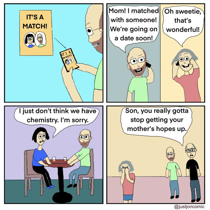 Minimalist funny comic by Just Jon showing a man’s dating misfire and his mother’s dashed hopes in simple style.