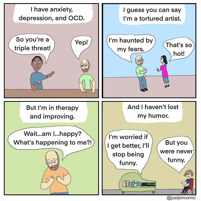 Minimalist funny comic panels showing characters humorously discussing anxiety, therapy, and mental health struggles.