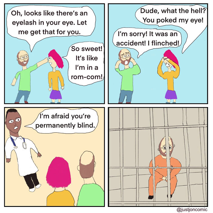 Minimalist funny comic strip showing everyday misfires including an eye incident, a doctor’s diagnosis, and a jail scene.