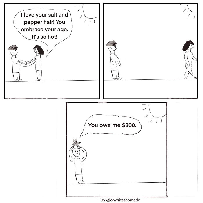 Minimalist funny comic showing a character complimenting hair and another demanding $300 in a simple black and white style.