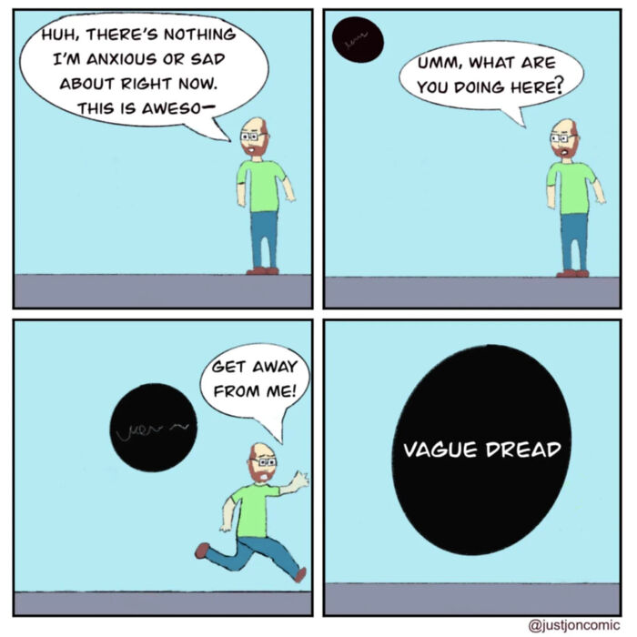 Minimalist funny comic strip showing a man confronted by a black circle labeled vague dread, capturing everyday misfires.