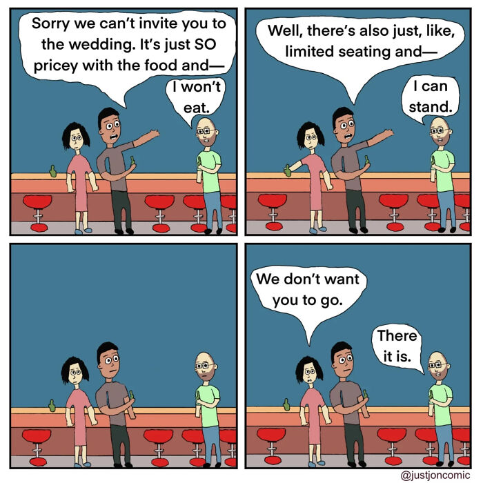 Minimalist funny comic showing a simple conversation that humorously captures everyday social misfires.