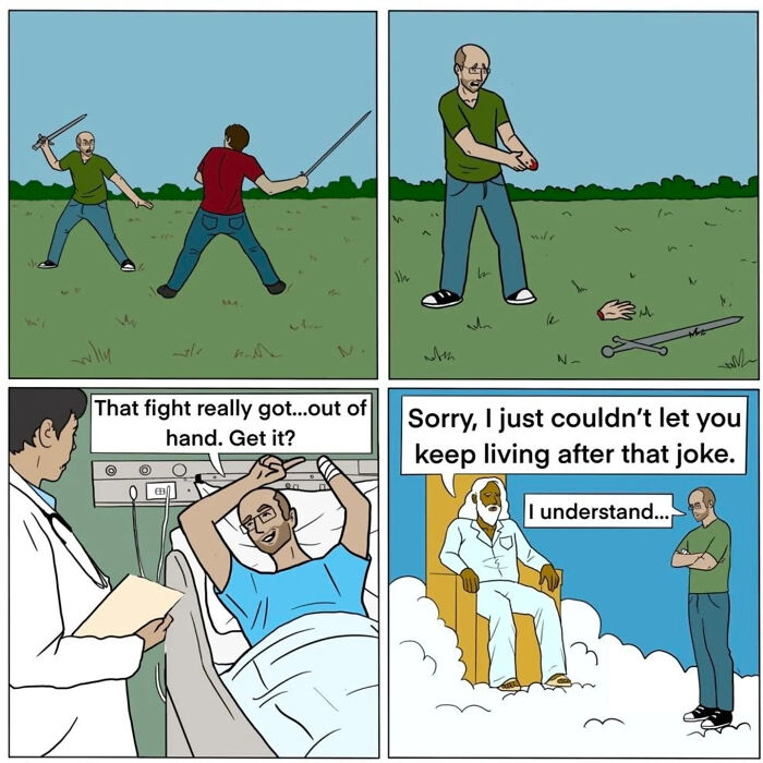 Minimalist funny comic showing a sword fight misfire, a lost hand joke, and a character meeting afterlife consequences.