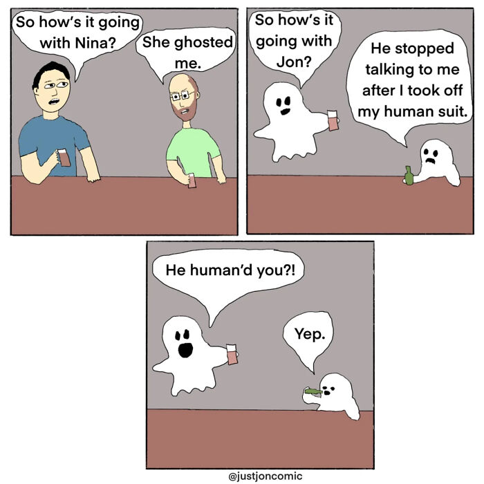 Minimalist funny comic showing ghosts discussing relationship misfires after losing their human disguises.