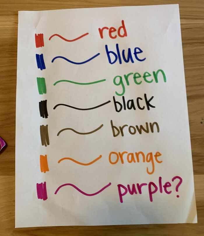 Handwritten color chart with red, blue, green, black, brown, orange, and purple, representing prime day deals under $25 to save your bank account.