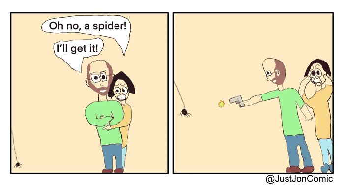 Minimalist funny comic showing a man humorously trying to deal with a spider and everyday misfires.