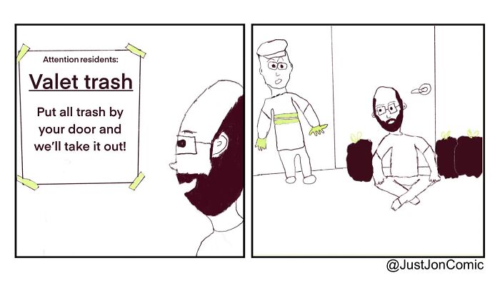 Minimalist funny comic showing a man confused by valet trash service taking out trash left by the door.
