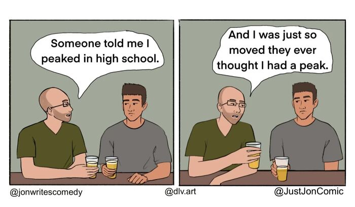 Minimalist funny comic showing two men discussing life misfires over drinks, capturing everyday moments with simple humor.