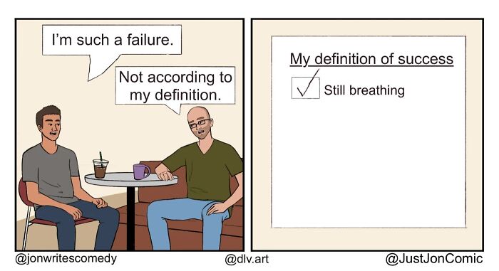 Minimalist funny comic showing two men discussing success and failure with a simple definition of still breathing.