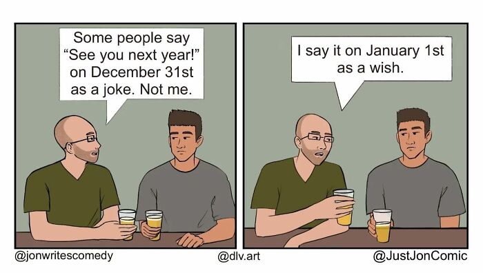 Minimalist funny comic showing two men discussing New Year wishes capturing everyday misfires humorously.