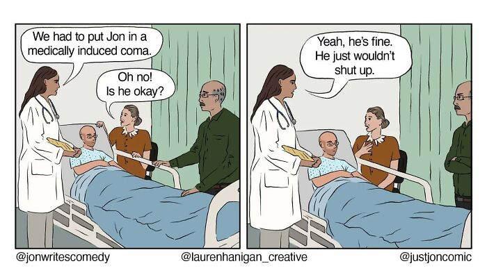 Minimalist funny comic featuring a hospital scene with humorous dialogue about Jon in a medically induced coma.