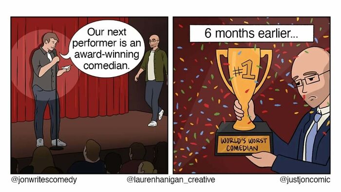 Minimalist funny comic showing a comedian winning world's worst comedian trophy six months before a show.