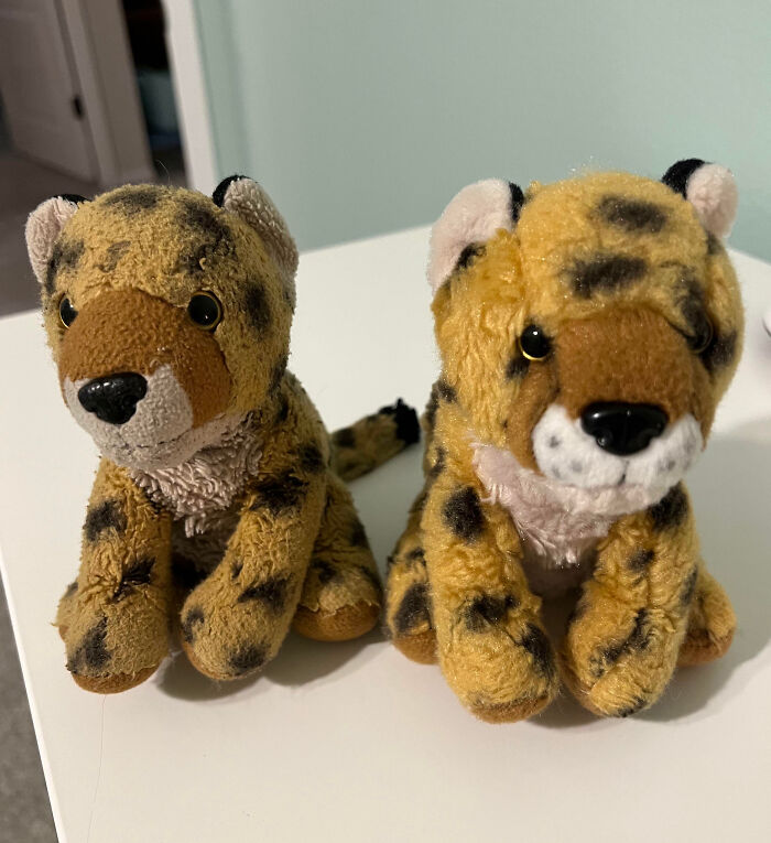 Two stuffed leopard toys showing heartwarming before and after restoration photos side by side on a white surface.