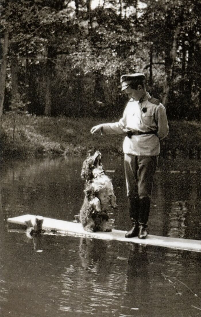 Vintage black and white historical photo of a uniformed person training a dog by the water on a wooden plank outdoors.
