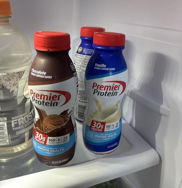 Premier Protein chocolate and vanilla flavors inside a fridge, highlighting high protein content and immune health support.