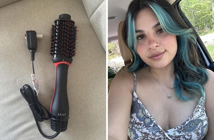 Hair styling brush and woman with blue highlights in hair, showcasing popular Prime Day deals on beauty products.