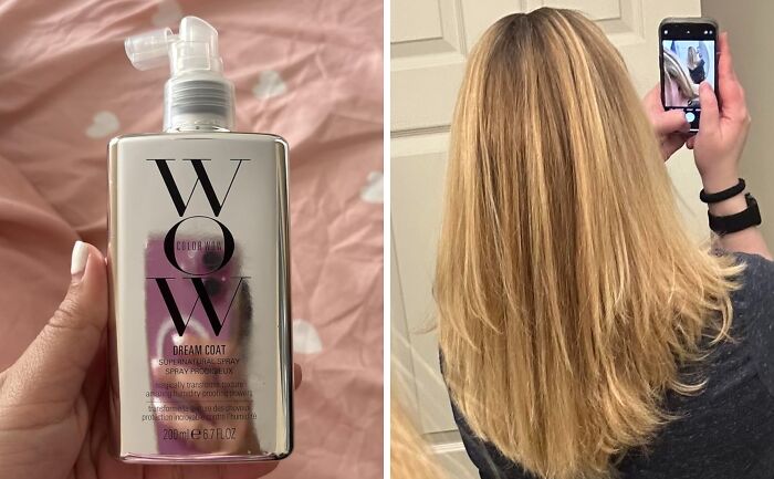 Bottle of WOW Dream Coat hair spray held in hand next to a woman with smooth, shiny blonde hair, showcasing Prime Day deals.