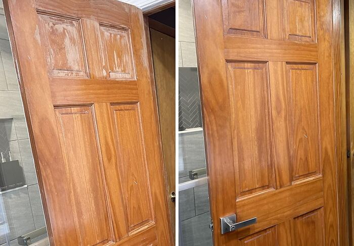 Before and after images of a wooden door being refinished to fix scratches and improve its appearance.