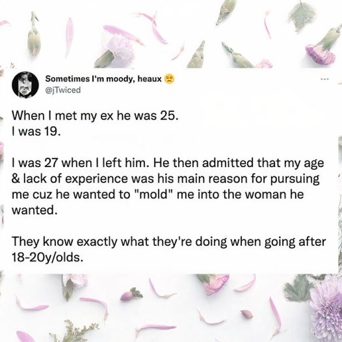 Tweet about an exhausting relationship where one partner tried to mold the younger partner, illustrating difficult relationships.