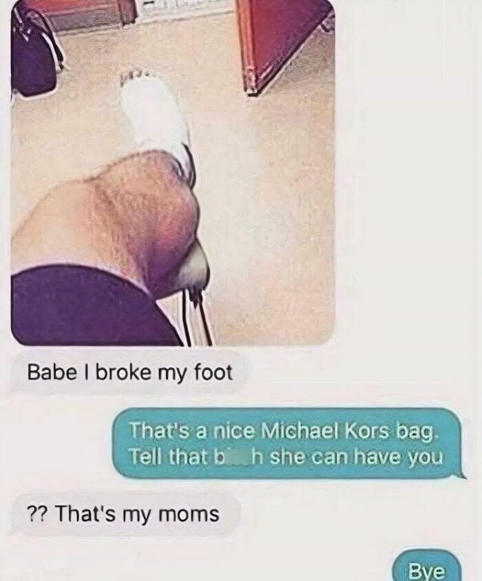 Text message conversation showing an exhausting relationship where one partner ignores a broken foot injury to comment on a bag.
