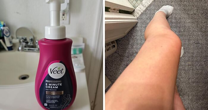 Veet hair removal cream bottle on bathroom counter and smooth leg after using product to fix grooming glitches.