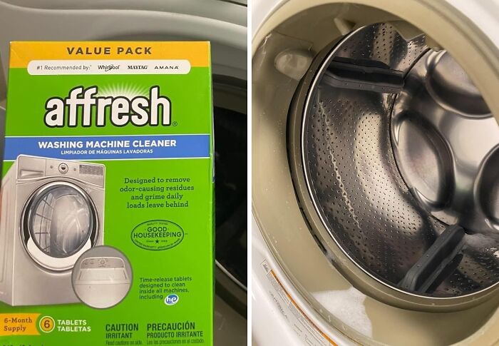 Affresh washing machine cleaner value pack next to open washing machine drum with soap suds inside.