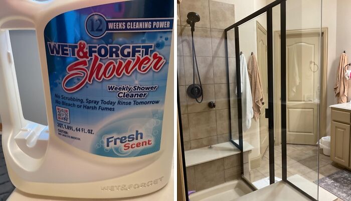 Cleaning product for showers with fresh scent next to a modern bathroom shower stall, illustrating ways to fix little glitches.