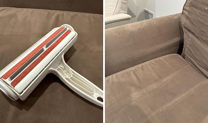 Lint roller on a brown couch used as one of the genius ways to fix all your little glitches during Prime Days.