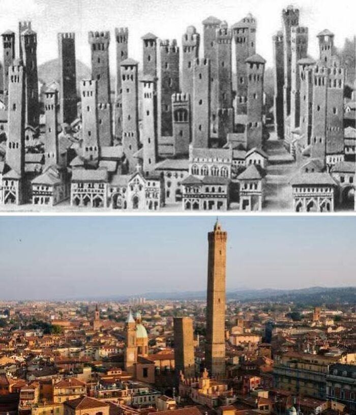 Medieval cityscape with multiple stone towers in historical photos showing past and present views of the same location.