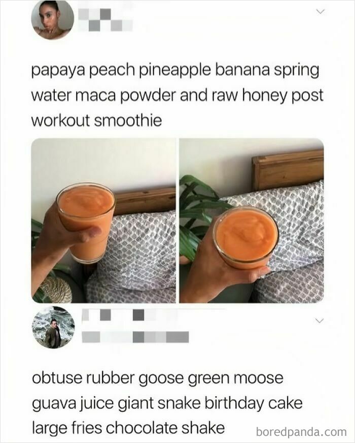 Hand holding a smoothie with ingredients listed, featured in funniest memes for a humorous social media post.
