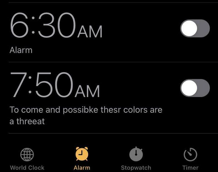 Smartphone alarm screen showing two alarms set for 6:30 AM and 7:50 AM with unclear alarm label text.