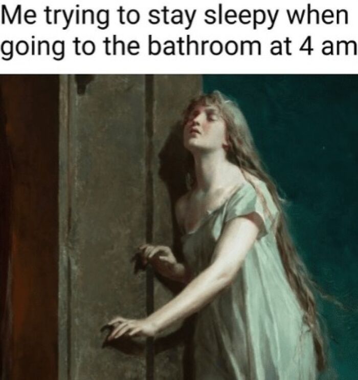 Woman in a flowing dress trying to stay sleepy while going to the bathroom at 4 am funny meme from funniest memes collection