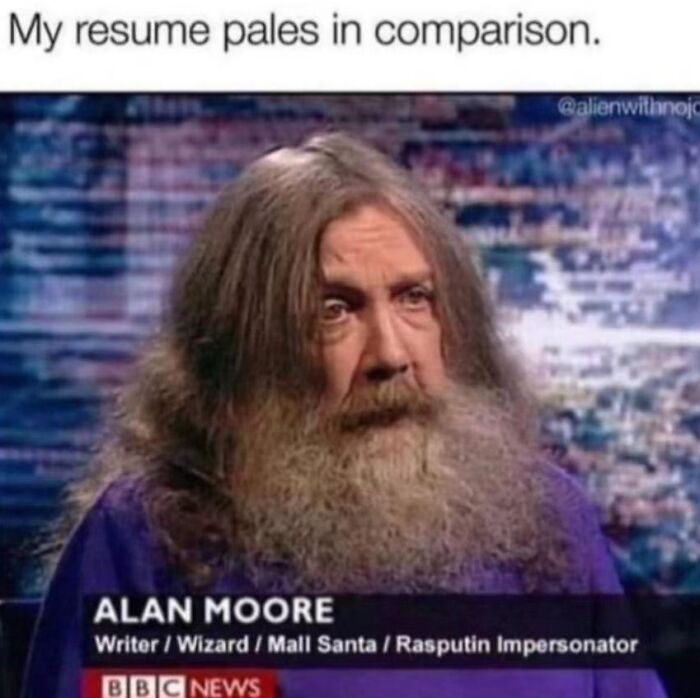 Man with long hair and beard humorously described in a meme about funniest memes highlighting resume comparison.