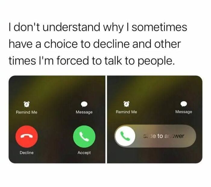 Incoming call screen showing options to decline or accept, humorously highlighting forced social interaction in funniest memes.