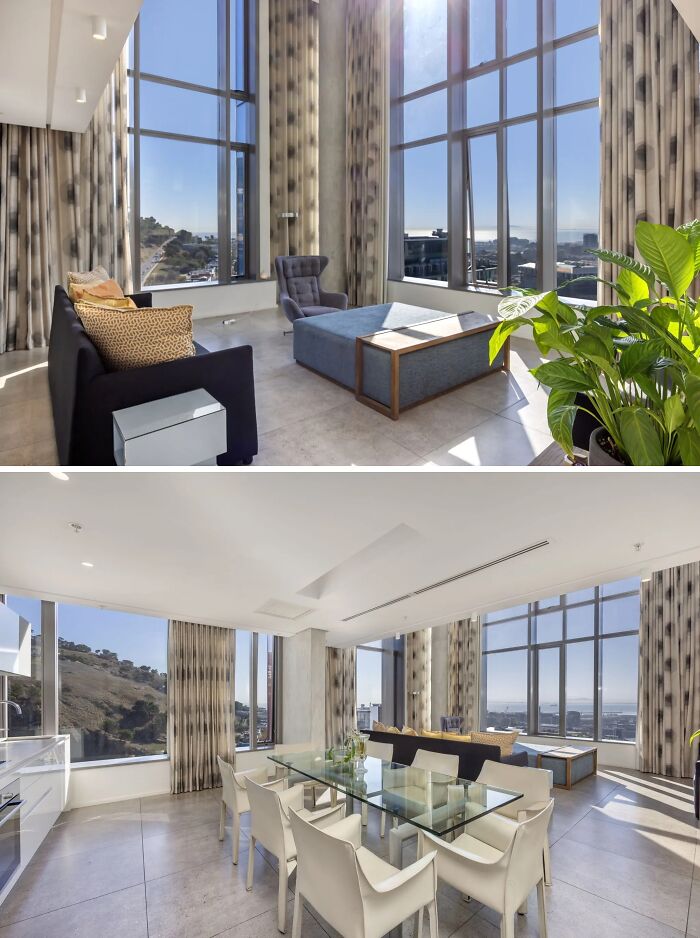 Spacious modern apartment interiors with large windows showcasing city views, representing $1 million apartments worldwide.