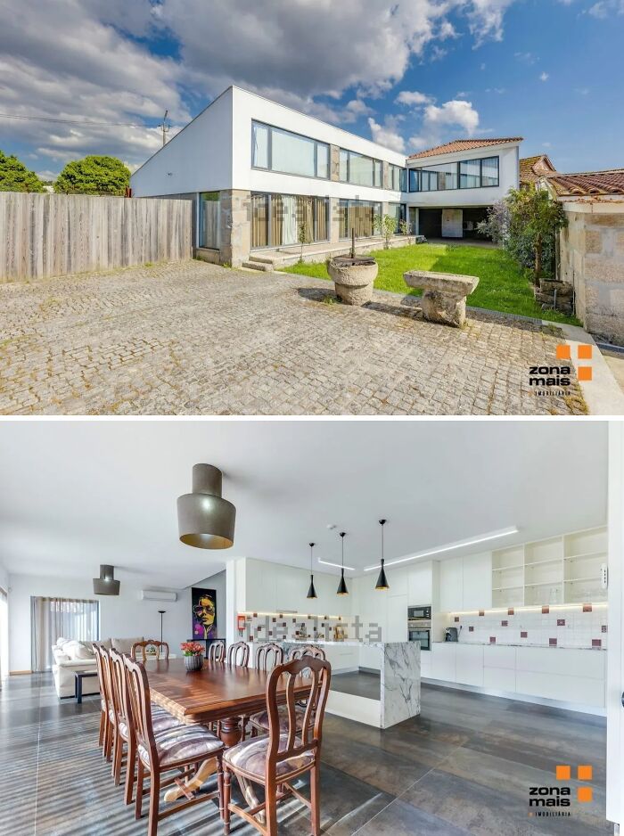 Modern apartment exterior and spacious kitchen dining area showcasing what 1 million buys in global apartments.