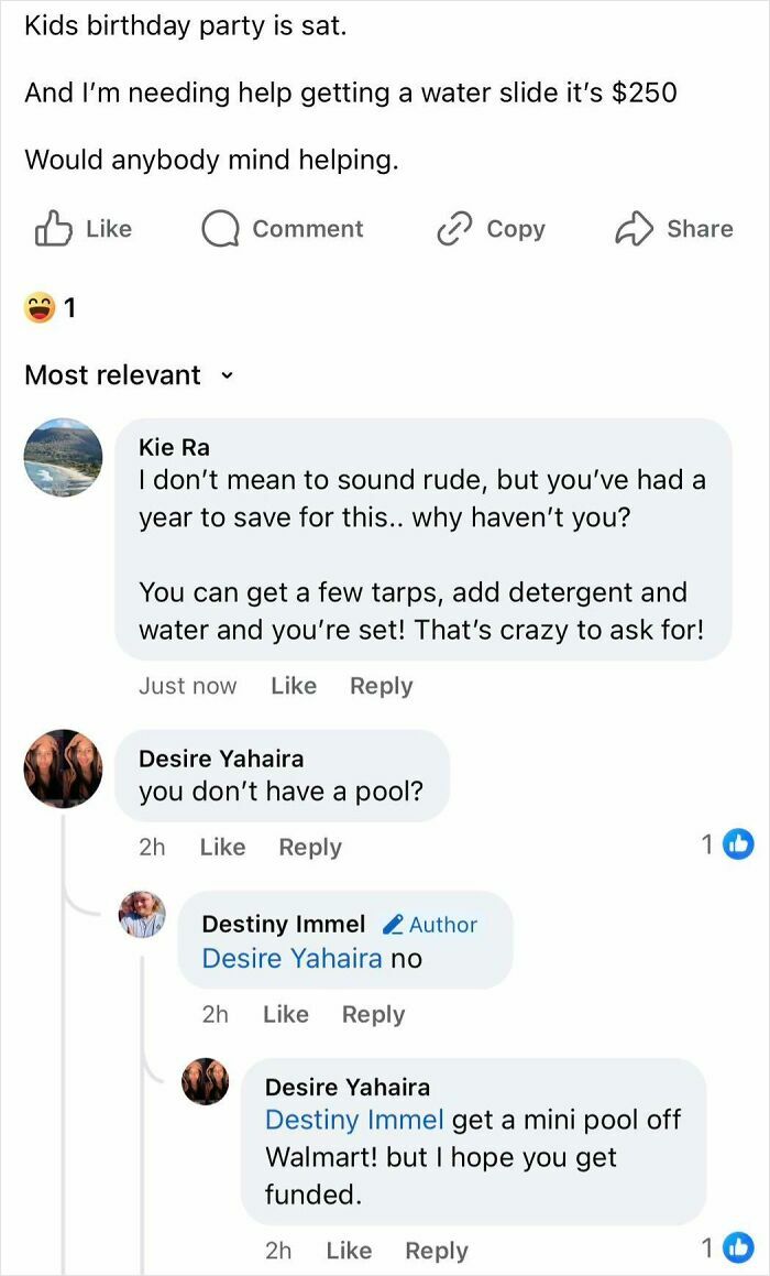 Single moms asking for help funding a $250 water slide with online comments suggesting alternatives and support.