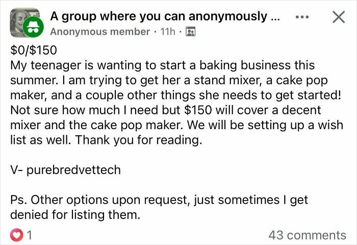 Facebook post from entitled single mom asking for $150 to buy baking supplies for her teenager's business startup.