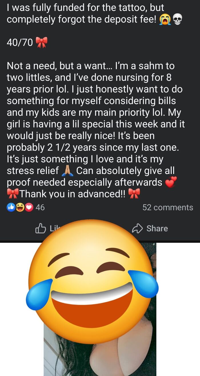 Screenshot of a single mom asking for funding for a tattoo, highlighting entitled single moms who avoid paying.