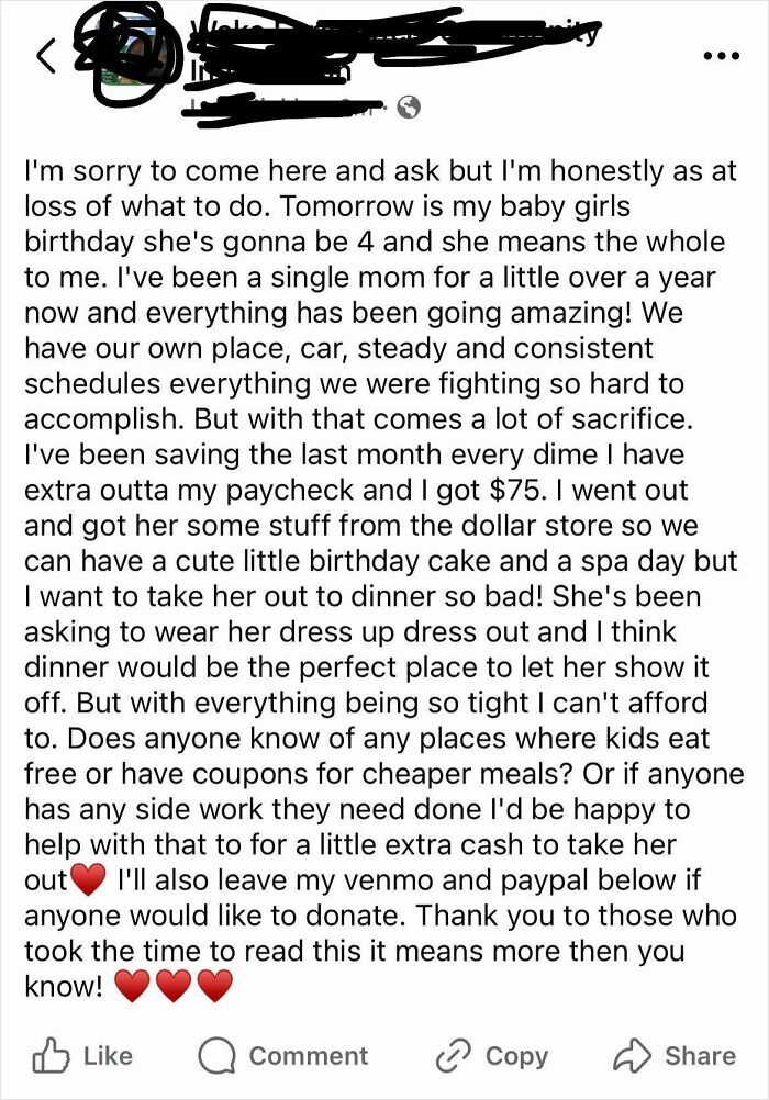Single mom shares struggles saving for daughter's birthday dinner, highlighting challenges faced by entitled single moms.
