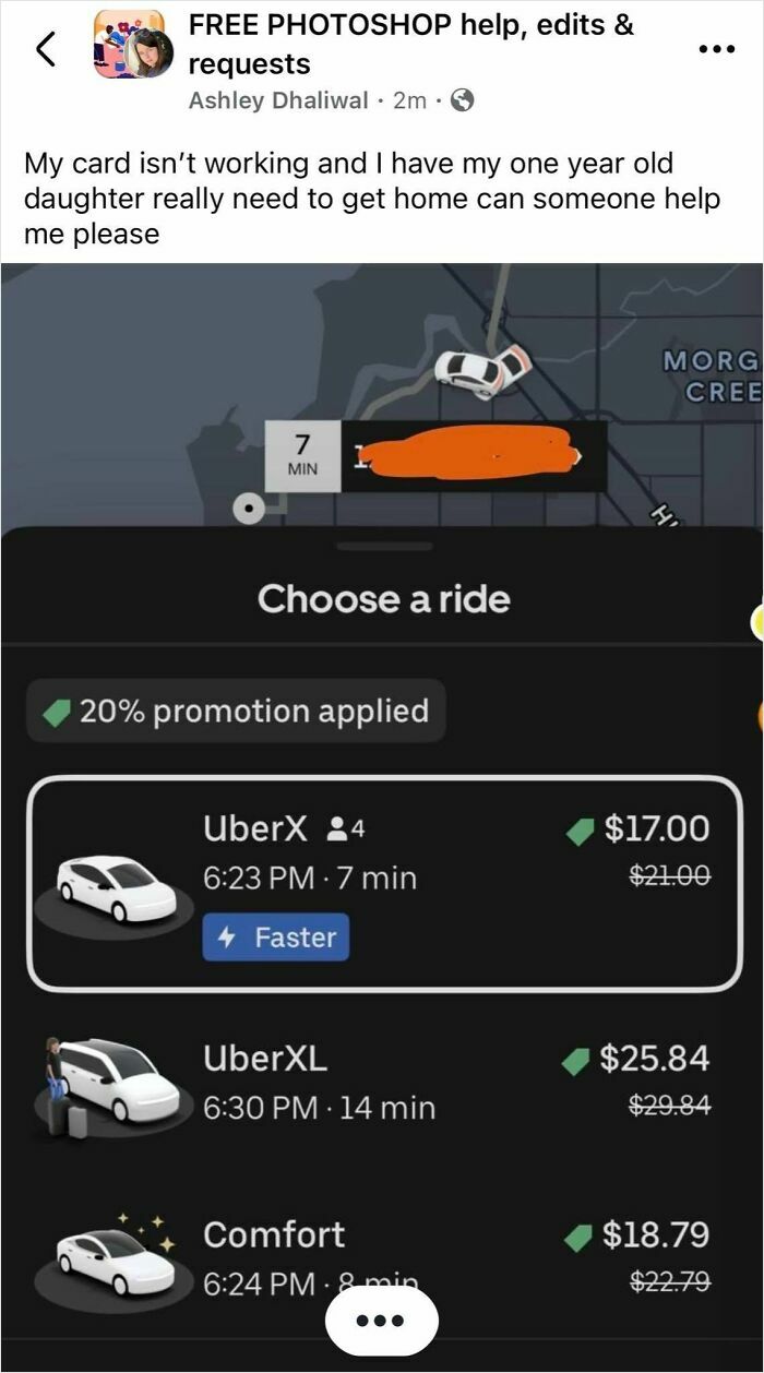 Ride options screen showing UberX, UberXL, and Comfort prices with a promotion applied, highlighting entitled single moms.