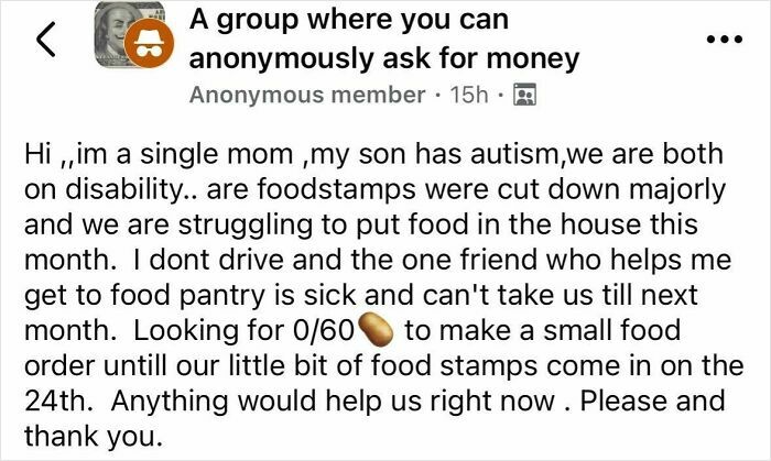 Single mom with autistic son on disability struggles after foodstamp cuts, asking for help with food support temporarily.