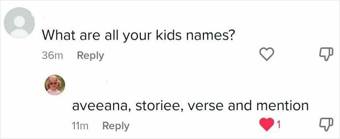 Comment thread showing unique baby names including aveeana, storiee, verse, and mention in a discussion about unusual baby names.